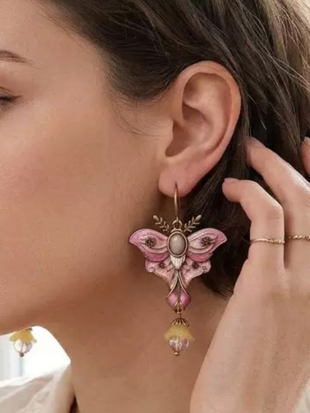 Vintage Style Pink Enamel Moth Rhinestone Crystal Dangle Earrings